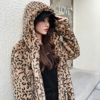Vinter nye pels kvinder leopard hooded lang over knæet pels mink imiteret pels løs jakke dame Fritid leopard print coat 2