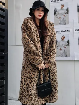 Vinter nye pels kvinder leopard hooded lang over knæet pels mink imiteret pels løs jakke dame Fritid leopard print coat 5