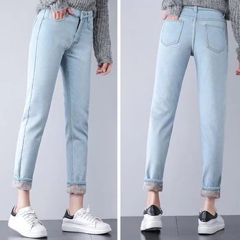 Vinter Varm Jeans Kvinder 2019 Høj Talje Bomuld Casual Bodycon Vintage Velvet Damer Bukser Kvindelige Pantalon Denim Bukser Kvinde