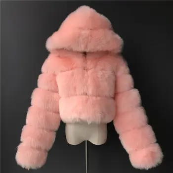 Vinteren Varmt Satin Fox pelsfrakker Kvinder Fluffy Pels Beskåret Jakker med Hætte Outwear Kvindelige Kunstig Pels i Høj Kvalitet