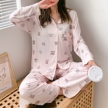 Viscose Modal Pyjamas Kvinder Foråret Efteråret God Nat dyreprint Løs Bløde Lange Hjem Tøj Sæt Cardigan Lomme Nattøj 0