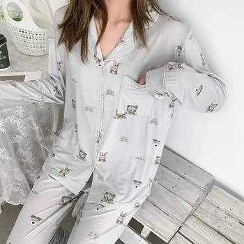 Viscose Modal Pyjamas Kvinder Foråret Efteråret God Nat dyreprint Løs Bløde Lange Hjem Tøj Sæt Cardigan Lomme Nattøj 1