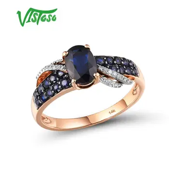 VISTOSO Ren 14K 585 Guld Ring For Kvinder Ring skinnende Diamant Blå Safir Luksus Bryllup Engagement Elegante, Fine Smykker 0