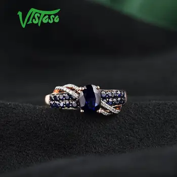 VISTOSO Ren 14K 585 Guld Ring For Kvinder Ring skinnende Diamant Blå Safir Luksus Bryllup Engagement Elegante, Fine Smykker 2