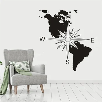 Wall Stickers Kontinent Kort Væg Kunst Decal Vægmalerier Navigation Kompas Design Kort Flytbare Amerika Retning Tegn På Decal 4