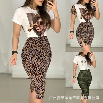 WEPBEL Nye 2stk Tøj, der Passer Korte Ærmer Leopard Print Tøj Sæt T-Shirt + Nederdel med Høj Talje Sexet Mode Sommeren Afslappet Kvinder 3