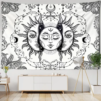 White Black Sun Moon Mandala Gobelin Væggen Hænger Hekseri Vægtæpper Hippie-Væg Tæpper Dorm Indretning Psykedelisk Gobelin 1