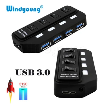 Windyoung USB 3.0 HUB USB-A Til 4 Port USB3.0 Med LED On/Off Switch Ekstra DC 5V Strømforsyning USB-Splitter-Adapter Til PC-Mus 5