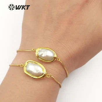 WT-B413 WKT Trendy naturlige ferskvands perle armbånd oval form perle med guld-metal forkromet justerbar kvinder armbånd 0
