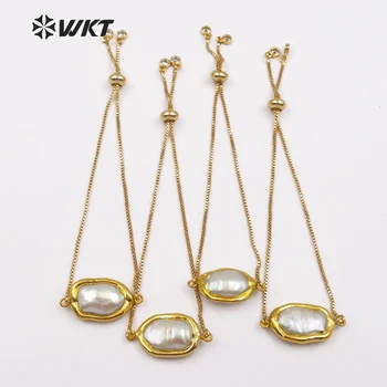 WT-B413 WKT Trendy naturlige ferskvands perle armbånd oval form perle med guld-metal forkromet justerbar kvinder armbånd 3