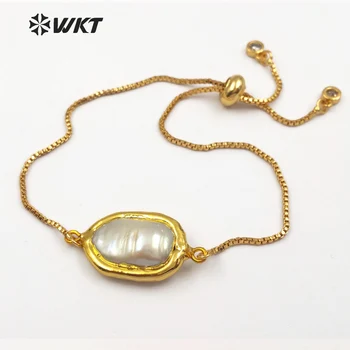 WT-B413 WKT Trendy naturlige ferskvands perle armbånd oval form perle med guld-metal forkromet justerbar kvinder armbånd 4