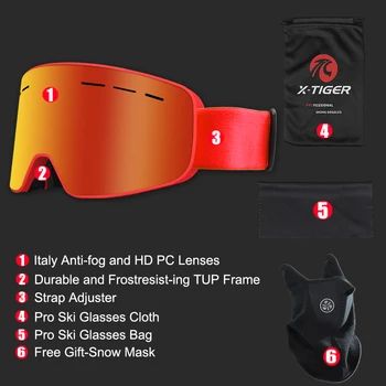 X-TIGER Pro Ski Goggles Med Ski Mask Dobbelt Lag UV400 Anti-fog Store Ski Maske, Briller Skiløb Mænd Kvinder Sne Snowboard Goggles 5