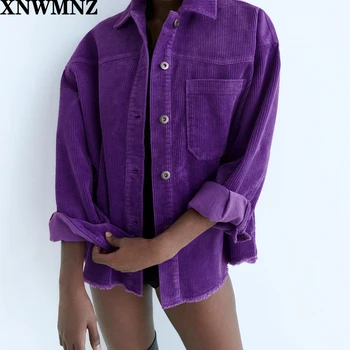 XNWMNZ Za kvinder Mode fløjlsbukser overshirt Vintage lange ærmer flossede søm knapper, Krave overshirt Kvindelige Overtøj Smarte Toppe 0