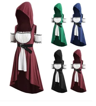 Xxxxxl xxxl xxxxl Middelalderlige Halloween Kostumer til Kvinder Hooded Dress Asymmetrisk Vintage Bælte Løs Retro En Linje Kostume Plus Størrelse 22893