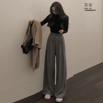 YAMDI 2020 ny koreansk stil efteråret høj talje kvinde bukser vinter dragt bred ben bukser solid bukser kvinder casual chic pantalon 2