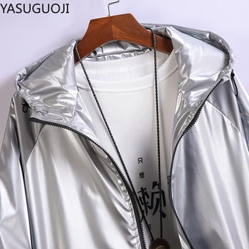 YASUGUOJI Mode Reflekterende Herre Sølv Jakke Nye Forår og Efterår Outwear Løs Vindjakke Hætte Herre Designer Jakker 4