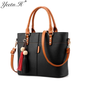 Yeetn.H fast fashion håndtasker kvinder pu læder skulder taske med kvast høj kvalitet kvindelige messenger taske, top håndtag tasker M5049 5