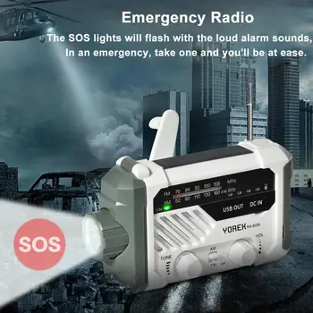 Yorek Nødsituation, AM FM-Radio, Håndsving batteridrevet Sol-Radio med LED Lommelygte, bordlampe,2000mAh Oplader,SOS Alarm 0