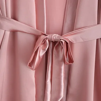 ZAFUL Blonder Panel-Silky Belted Pyjamas Robe For Kvinder Krave Indsætte Blød Satin Nattøj Kvindelige Søde Stil 0