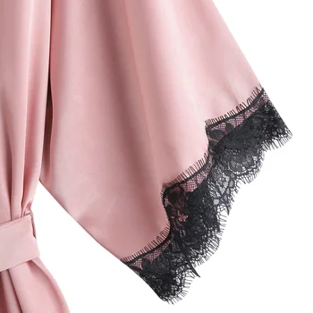 ZAFUL Blonder Panel-Silky Belted Pyjamas Robe For Kvinder Krave Indsætte Blød Satin Nattøj Kvindelige Søde Stil 2