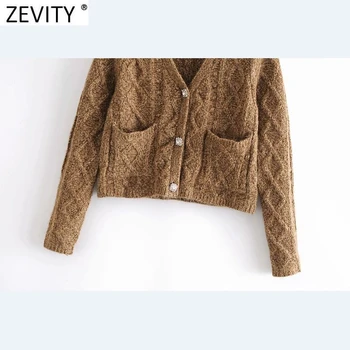 Zevity Nye 2021 Kvinder Vintage V Hals Diamant Knapper Kort At Strikke En Sweater Kvindelige Smart Langærmet Hæklet Cardigans, Toppe S623 3