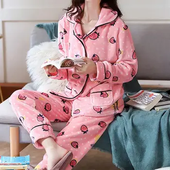 ZITY 2020 Vinter Pyjamas Sæt Kvinder Nattøj Varmt Flannel Lange Ærmer Pyjamas Pink Søde Dyr Homewear Tyk Hjem Passer til 22029