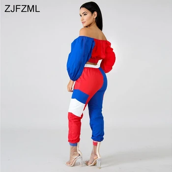 ZJFZML Casual To delt Sæt til Kvinder Fra Skulder Fuld Ærme Afgrøde Top Og Mid-Claf Bukser Efteråret Tøj Streetwear 2 delt Sæt