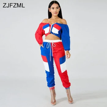 ZJFZML Casual To delt Sæt til Kvinder Fra Skulder Fuld Ærme Afgrøde Top Og Mid-Claf Bukser Efteråret Tøj Streetwear 2 delt Sæt 2