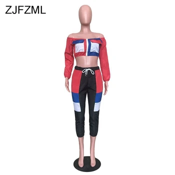 ZJFZML Casual To delt Sæt til Kvinder Fra Skulder Fuld Ærme Afgrøde Top Og Mid-Claf Bukser Efteråret Tøj Streetwear 2 delt Sæt 3