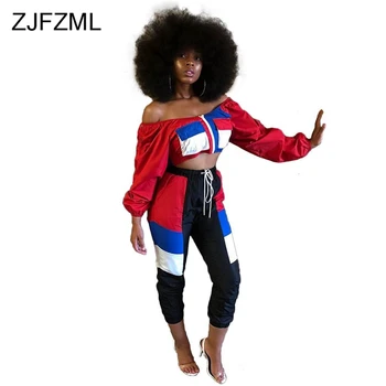 ZJFZML Casual To delt Sæt til Kvinder Fra Skulder Fuld Ærme Afgrøde Top Og Mid-Claf Bukser Efteråret Tøj Streetwear 2 delt Sæt 5